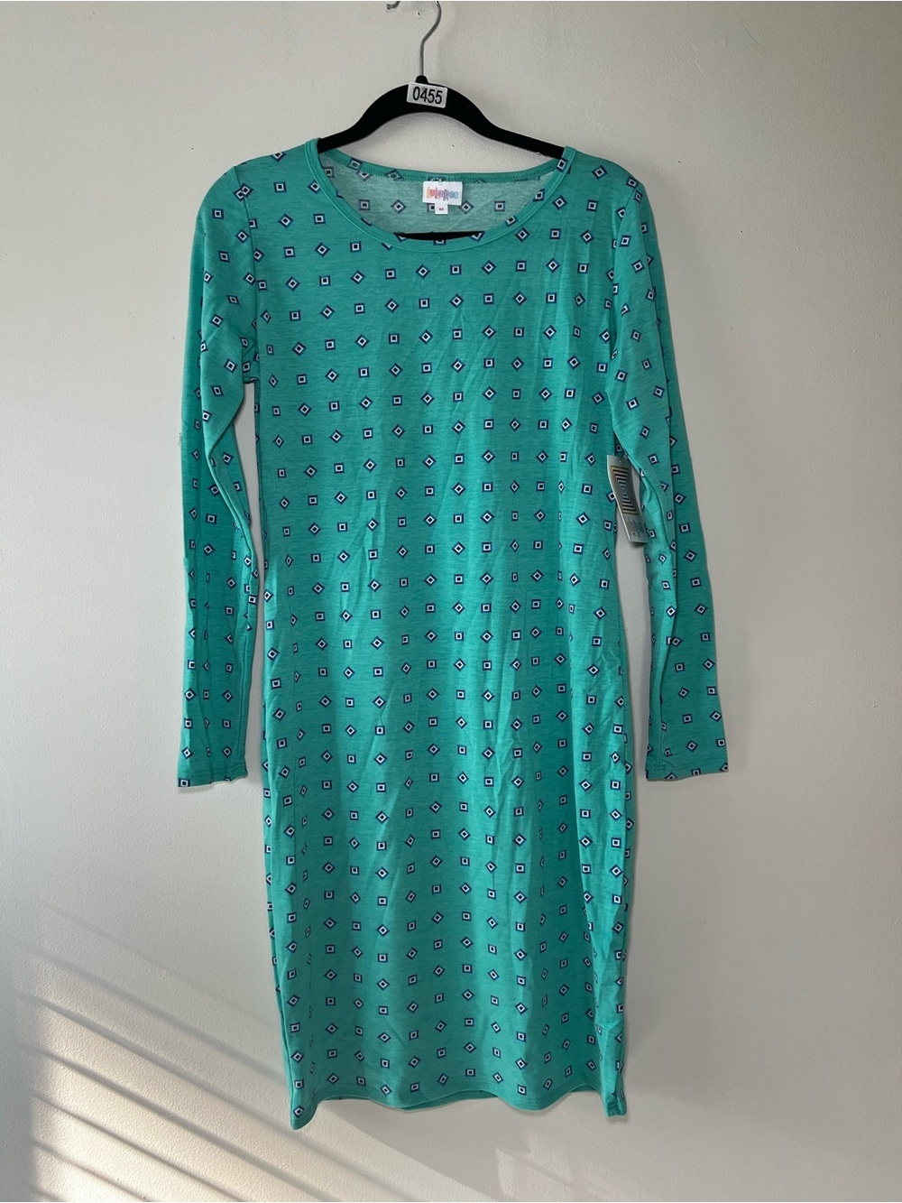 LuLaRoe Debbie Teal Diamond Print Long Sleeve Dress